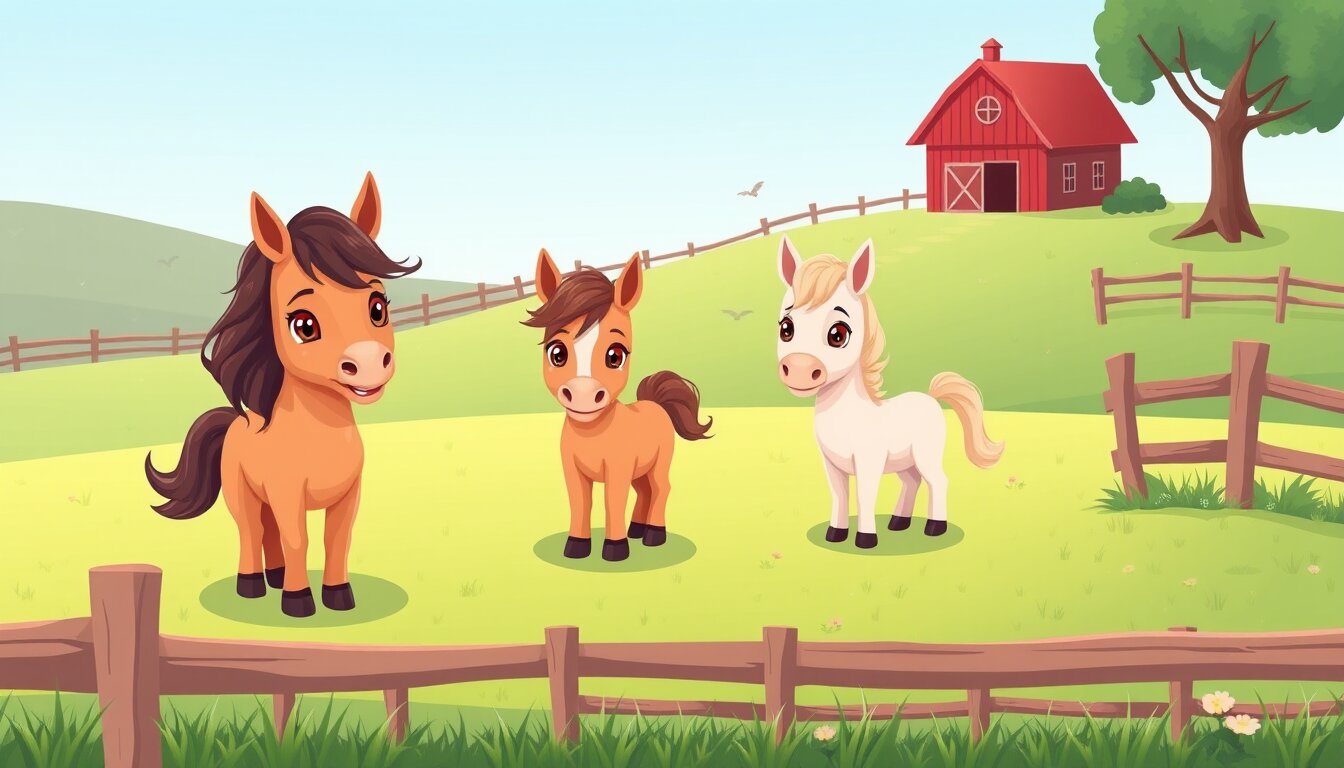 Pferde und Pony auf der Koppel vor dem Stall